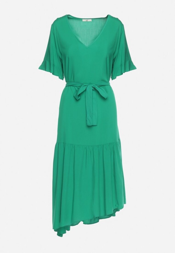 Ciemnozielona Sukienka Pudełkowa z Materiałowym Paskiem i Falbanką Dimovas