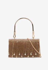 Złota Torebka Kopertówka z Cyrkoniami Rączką i Łańcuszkiem Fesovira