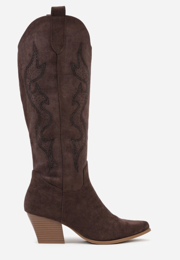 Brązowe Kozaki Kowbojki na Stożku z Cholewką z Cyrkoniami Nalikka