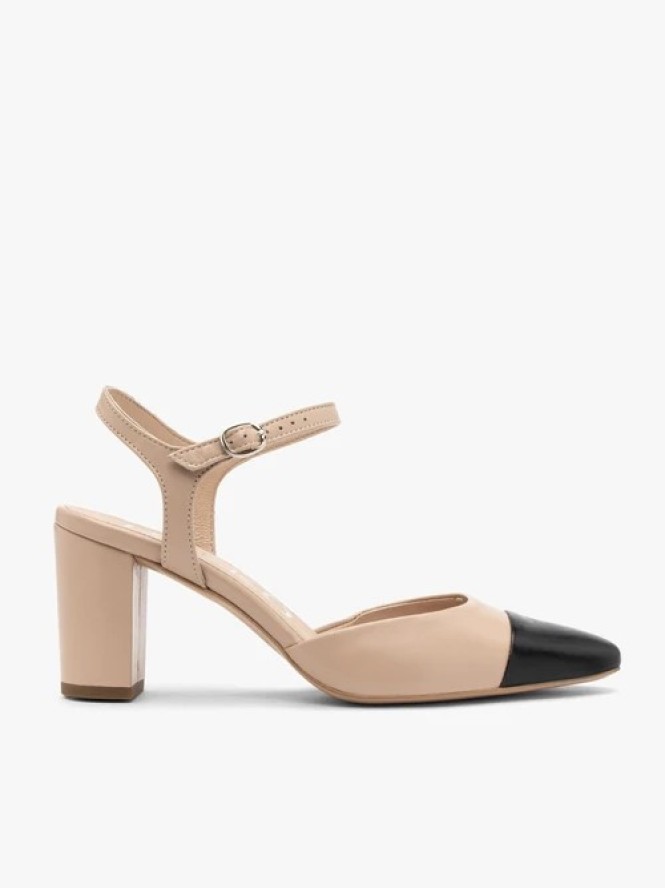 Beżowo czarne czółenka damskie z odkrytą piętą