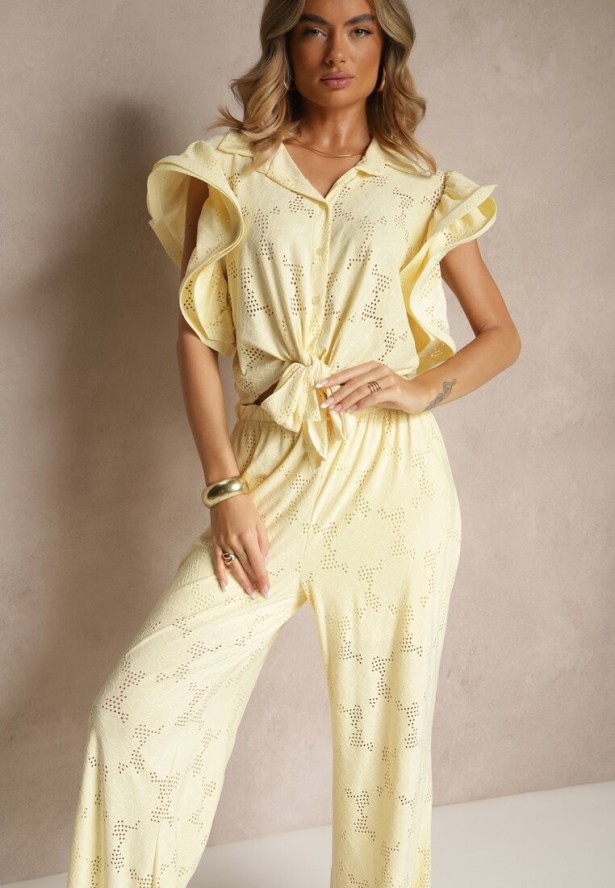 Żółty Komplet Ażurowy Bluzka o Koszulowym Kroju i Spodnie z Szeroką Nogawką Linaniria