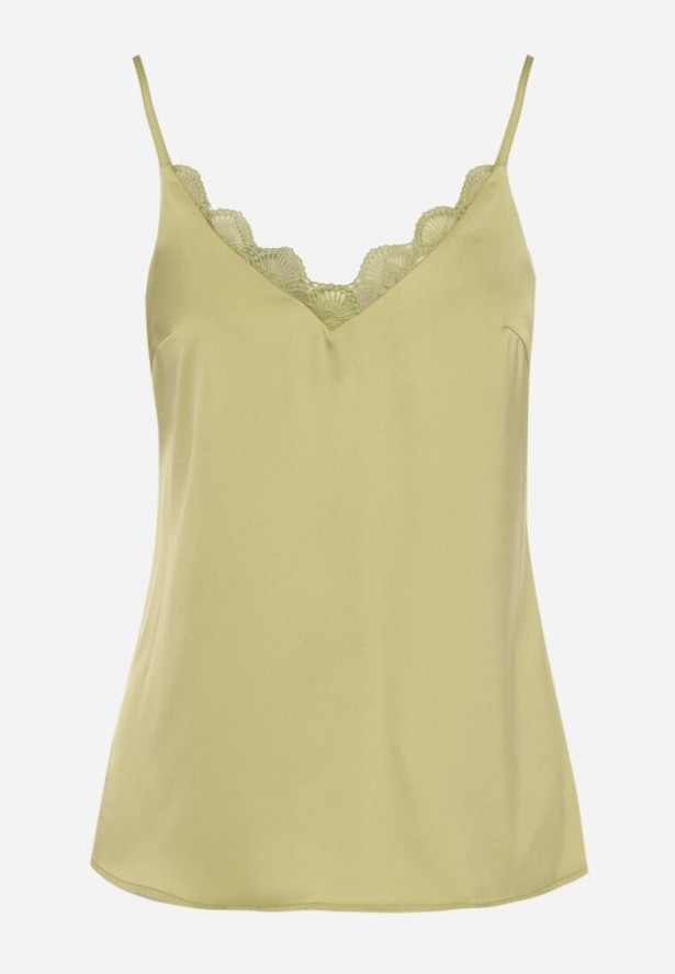 Zielona Bluzka na Ramiączkach z Delikatną Koronką i Wiązaniem Deseniela