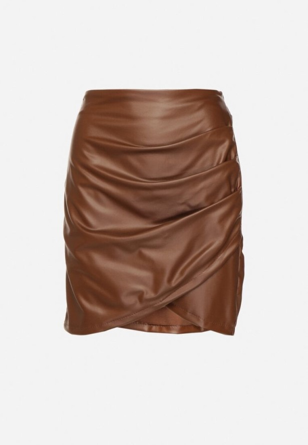 Brązowa Spódnica z Imitacji Skóry Marszczona Asymetryczna Vephi