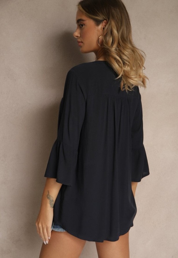 Granatowa Bluzka z Wiskozy Ozdobiona Falbankami Ralivia