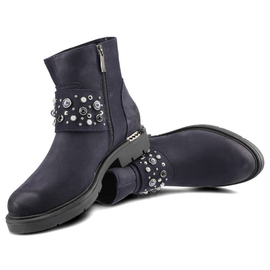 Botki damskie Carinii, płaskie ze skóry naturalnej, granatowe, B4483_-M07-000-POL-D06