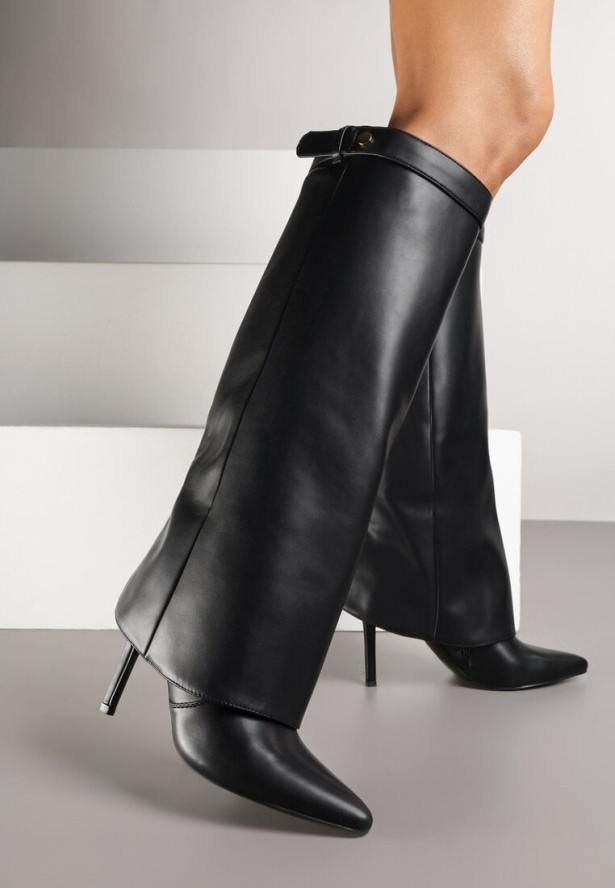 Czarne Kozaki na Obcasie Typu Szpilka z Wywiniętą Cholewką Lavemesse