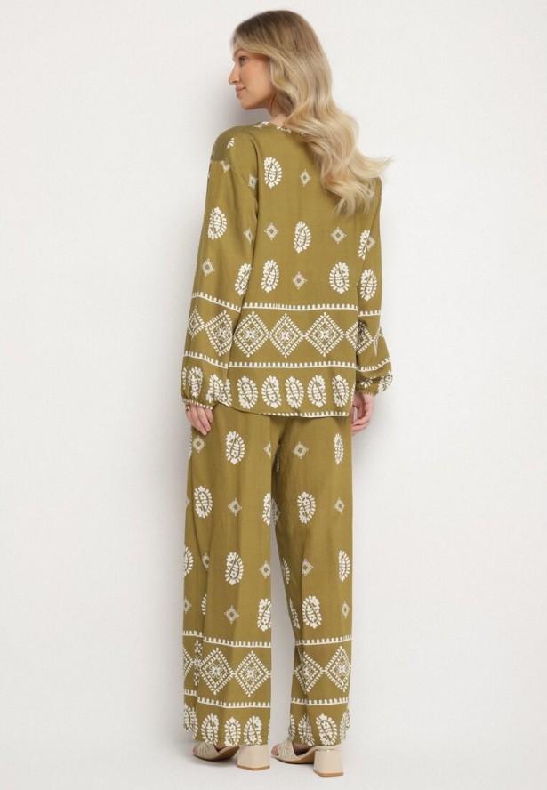Ciemnozielony Komplet w Stylu Rustykalnym Luźna Bluzka i Spodnie z Wiskozą Emilaris