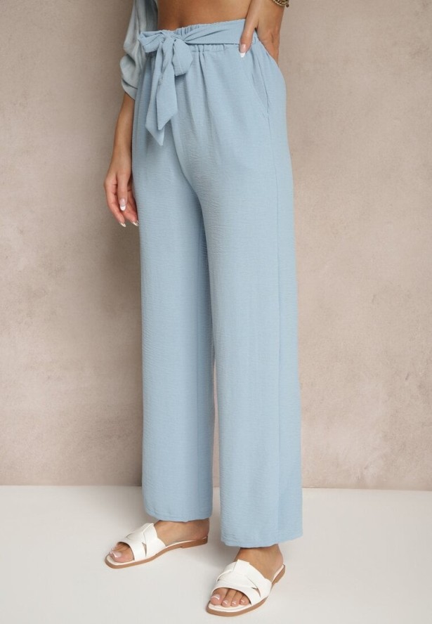 Niebieskie Spodnie z Szeroką Nogawką Wiązane w Talii Salemira