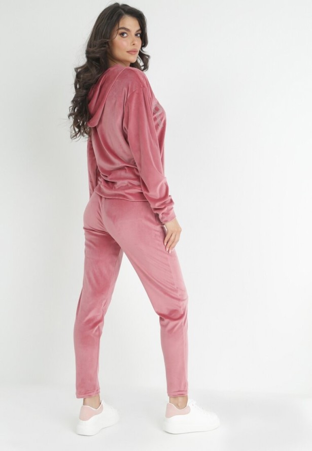 Ciemnoróżowy 2-częściowy Komplet Dresowy z Weluru Zdobiony Cyrkoniami Feyre