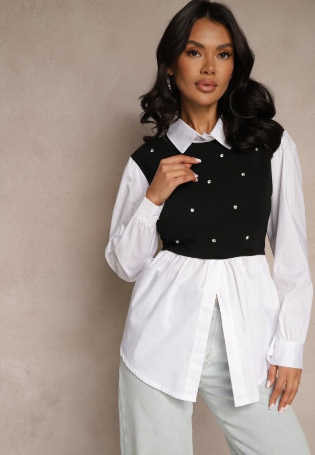 Czarna Koszulowa Bluzka z Wiskozą o Rozkloszowanym Kroju z Wszytą Kamizelką Uliadorella