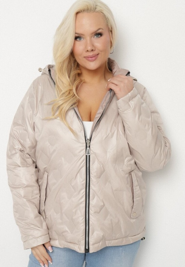 Beżowa Kurtka Dwustronna z Odpinanym Kapturem Frolbia