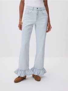 Jeansy wide leg z falbankami - niebieski