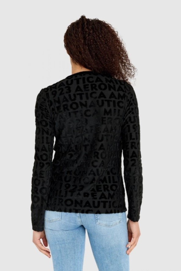 AERONAUTICA MILITARE Czarna welurowa bluza damska w wytłoczone logotypy, Rozmiar XS