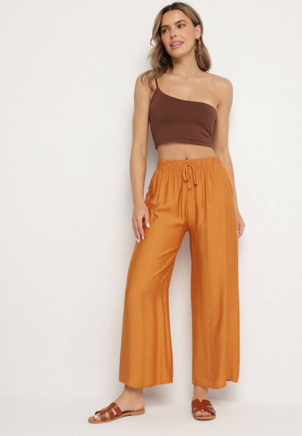 Pomarańczowe Wiskozowe Szerokie Spodnie z Wysokim Stanem Divola