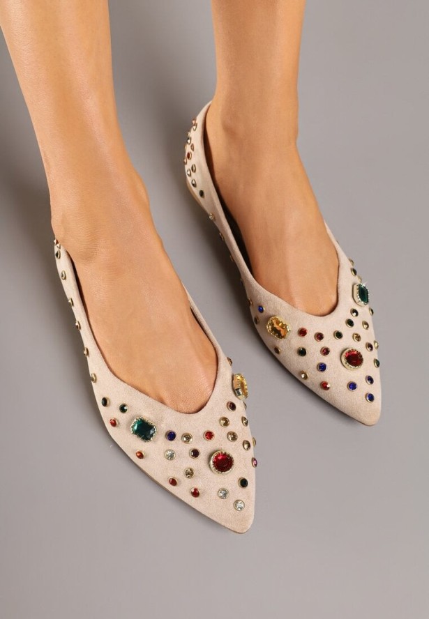 Ciemnobeżowe Balerinki Ozdobione Kolorowymi Kamykami Ulianisea