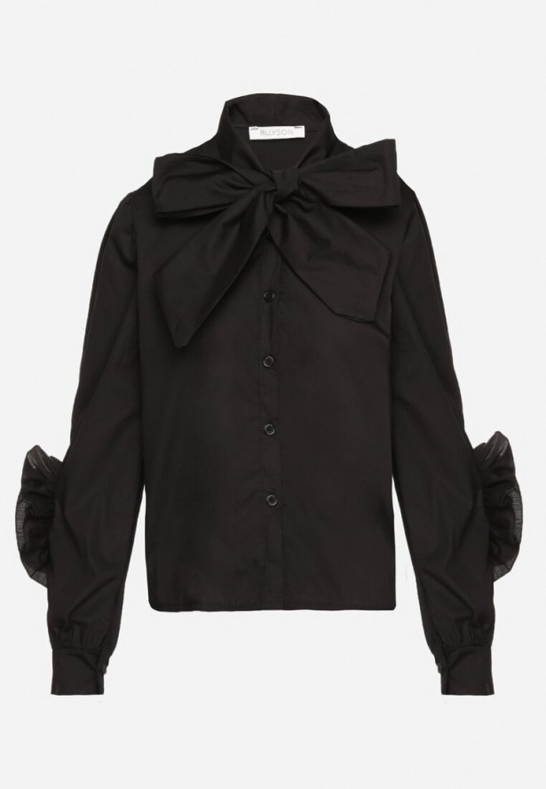 Czarna Koszula z Ozdobnym Wiązaniem i Falbankami Zalimira