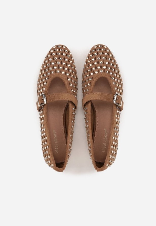 Brązowe Balerinki w Stylu Mary Jane z Cyrkoniami i Ażurową Cholewką Lyphenne