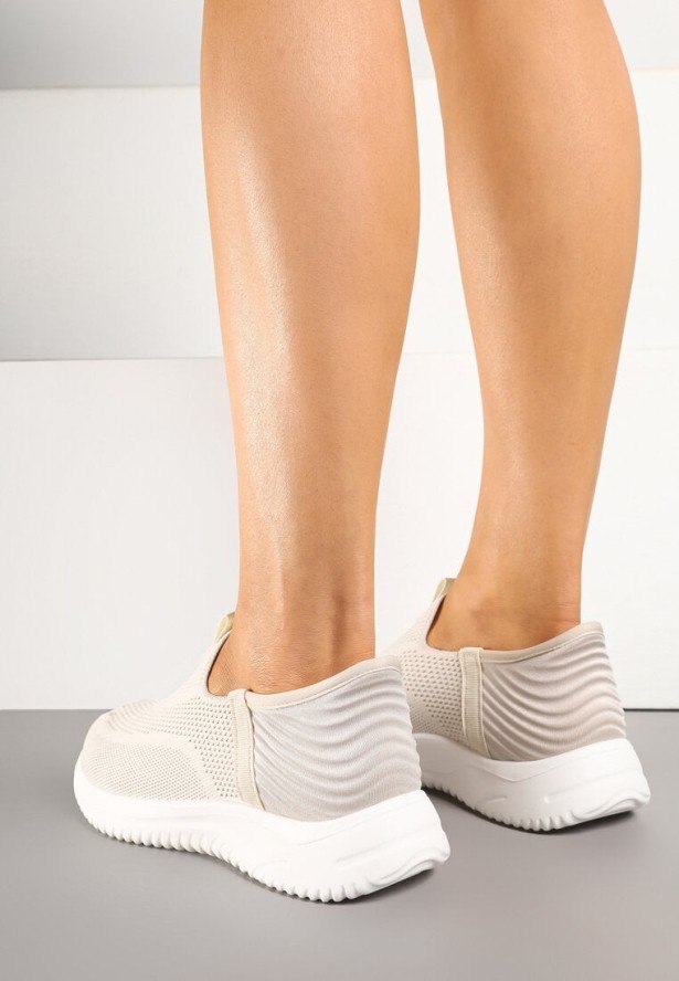 Beżowe Buty Sportowe Sneakersy z Miękką Cholewką pod Kostkę Weamara