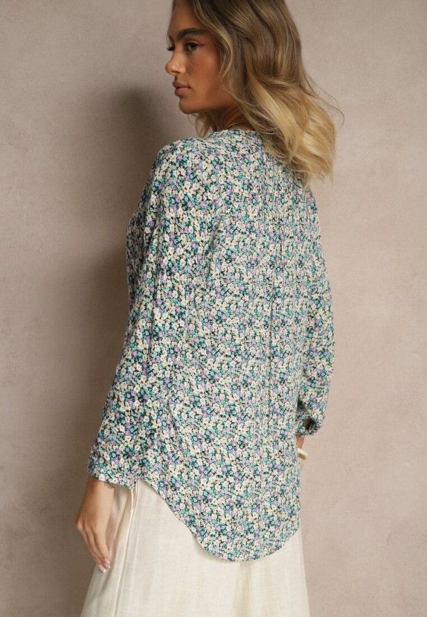 Niebieska Wiskozowa Bluzka w Kwiaty o Koszulowym Kroju z Podpinanymi Rękawami Edinoriela