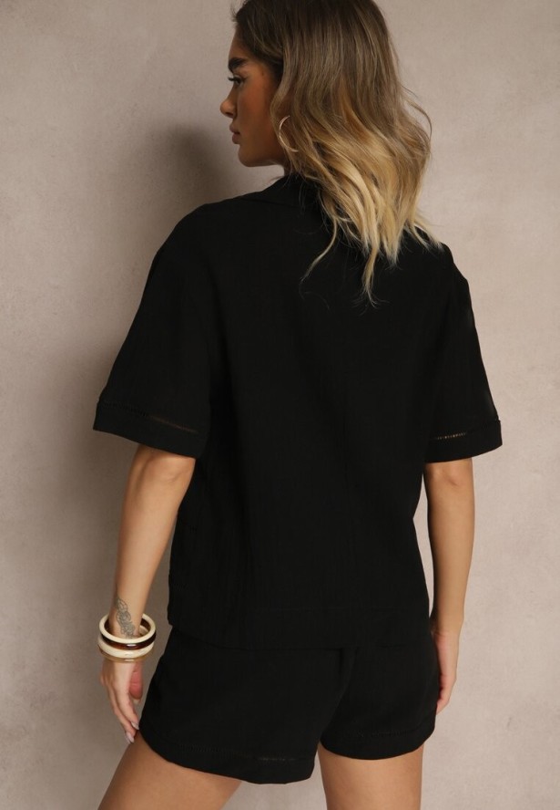 Czarna Koszula z Bawełny Ozdobiona Ażurowym Wzorem Natalena