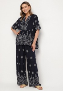 Granatowy Wiskozowy Komplet Bluzka z Wiązaniem i Spodnie Lunavelia