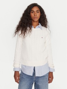 Tommy Jeans Sweter Cable Essential DW0DW22165 Biały Regular Fit