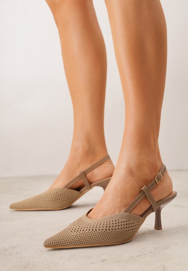 Ciemnobeżowe Ażurowe Sandały na Szpilce Slingback Erilise