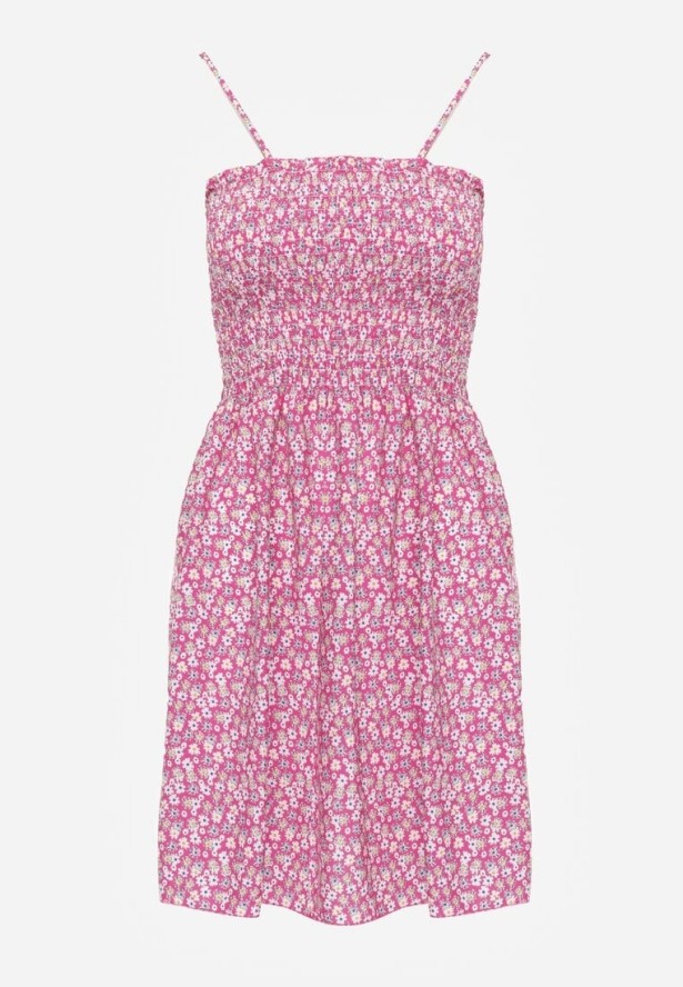 Fuksjowa Sukienka z Bawełny na Ramiączkach z Rozkloszowaniem i Marszczoną Górą Risetto