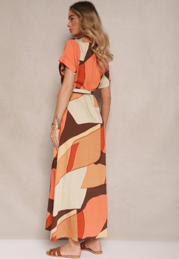 Jasnobrązowa Wiskozowa Sukienka Koszulowa z Paskiem w Geometryczny Print Falintia