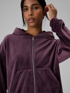 4F Bluza welurowa regular z kapturem damska - fioletowa S