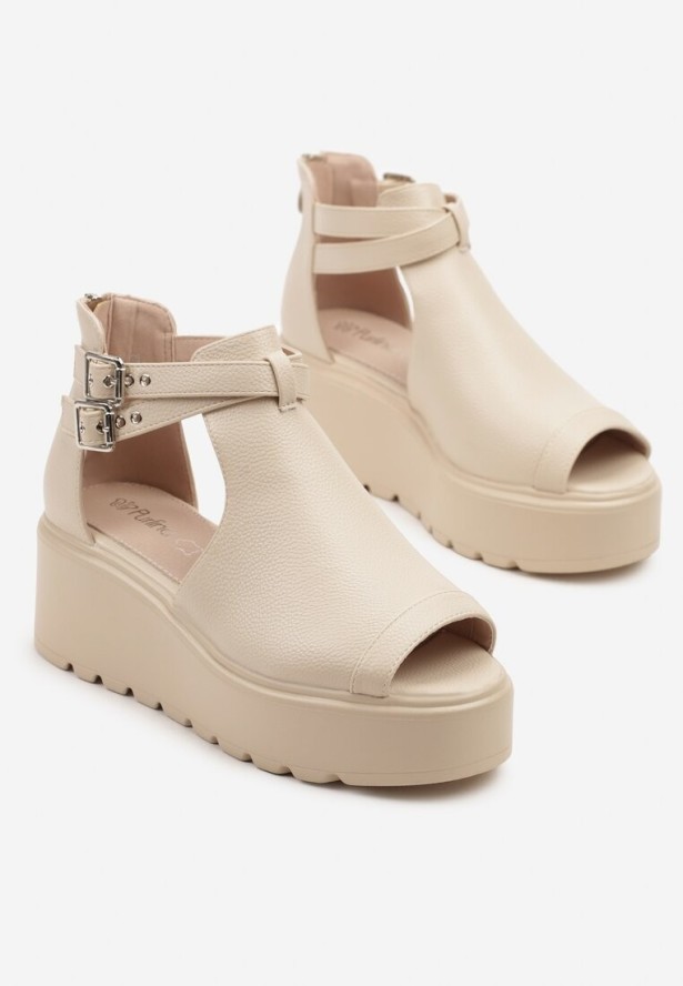 Beżowe Sandały na Koturnie ze Skórzaną Wkładką i Geometryczną Cholewką Sopessa