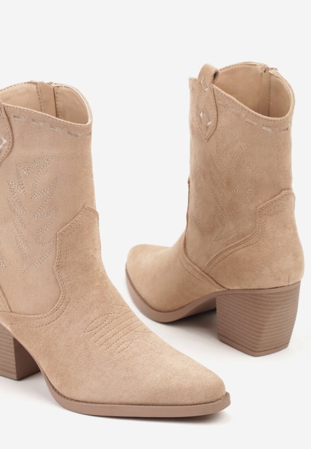 Ciemnobeżowe Botki Kowbojki na Stożku Ozdobione Haftem Falacine