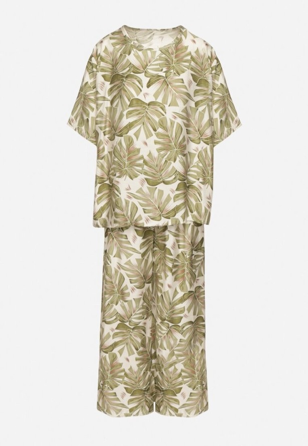 Ciemnozielony Wiskozowy Komplet z Motywem Roślinnym Szerokie Spodnie i T-shirt Evianira