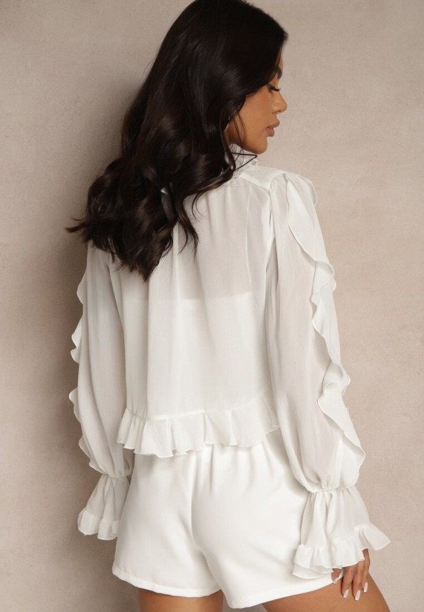 Biała Wiązana Bluzka Zdobiona Falbanami z Dodatkowym Topem na Ramiączkach Miradiara
