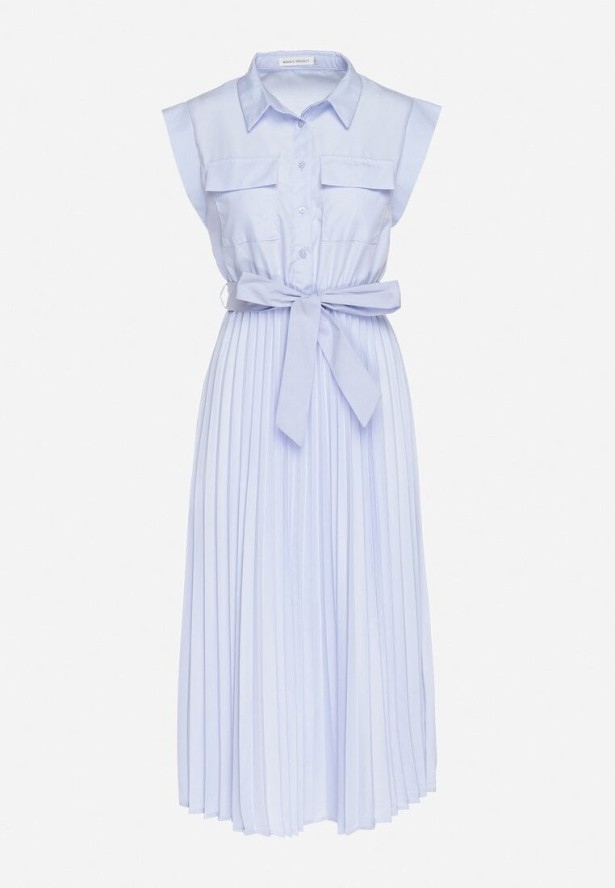 Jasnoniebieska Plisowana Sukienka z Bawełną i Paskiem Lireviere
