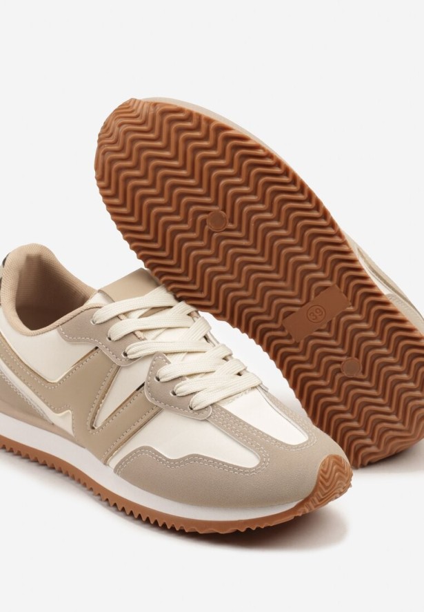 Beżowe Sneakersy z Metaliczną Lamówką i Geometrycznym Wzorem Tosvella
