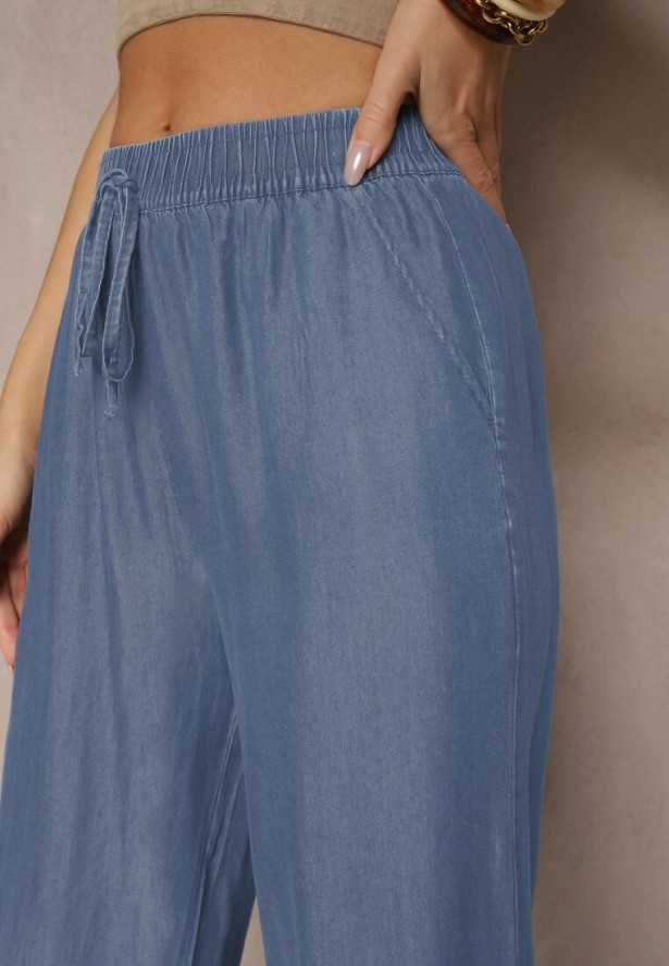 Niebieskie Bawełniane Spodnie o Szerokim Kroju z Wiązaniem Evipon