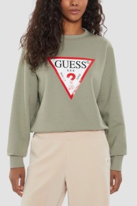 GUESS Zielona bluza damska z dużym logo Original Fleece, Rozmiar M