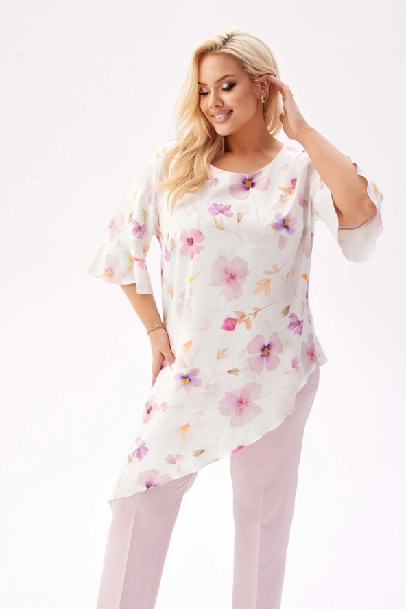 Elegancka tunika Liliana z asymetrycznym krojem w romantyczne kwiaty PLUS SIZE XXL