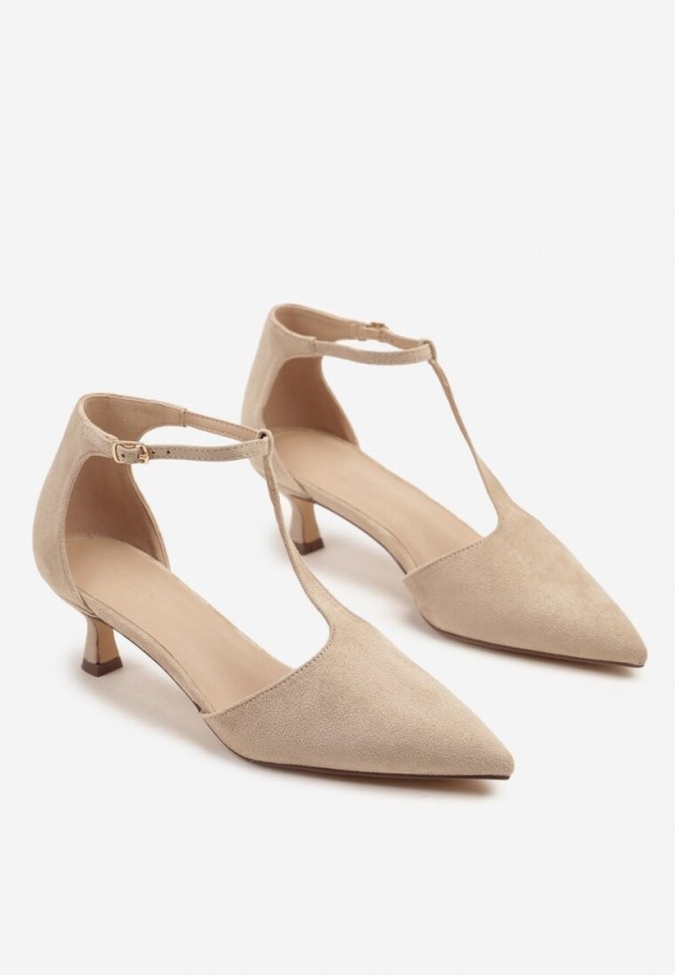 Beżowe Czółenka na Kaczuszce ze Szpiczastym Noskiem i Ozdobnymi Paskami Liliora