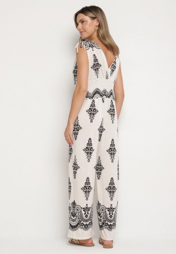 Jasnobeżowy Kombinezon w Orientalny Wzór z Dekoltem w Serek Izena