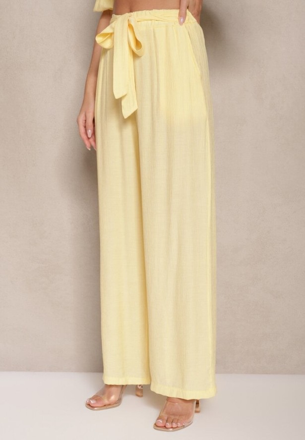 Żółty Komplet Spodnie o Szerokim Kroju i Bufiasta Bluzka Idalisse
