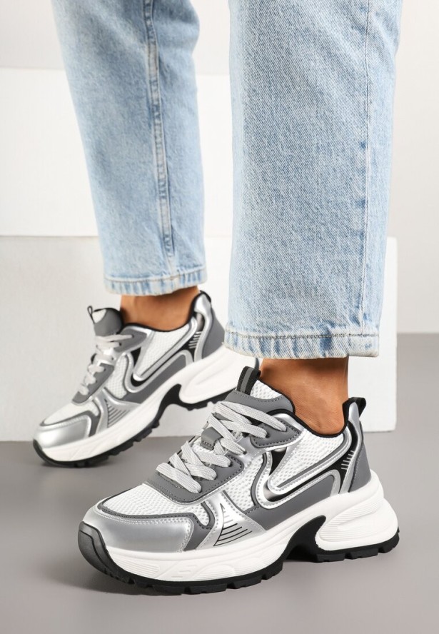 Biało-Srebrne Sneakersy na Profilowanej Podeszwie z Siateczkowymi Wstawkami Parinella