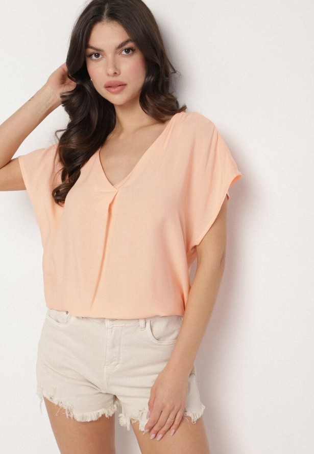 Pomarańczowa Wiskozowa Bluzka z Dekoltem w Serek Tilondia
