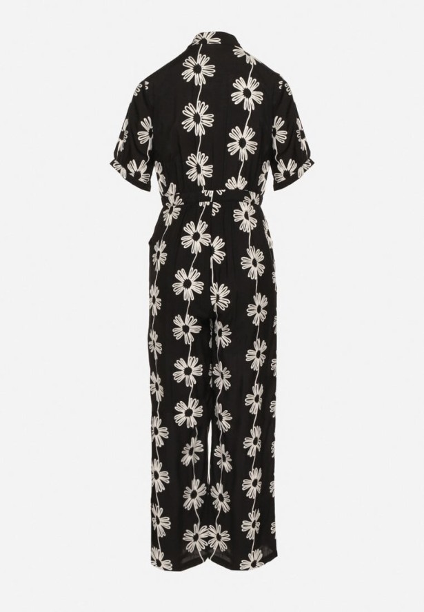 Czarny Wiskozowy Kombinezon o Koszulowym Kroju z Krótkim Rękawem i Kieszeniami Milaviela