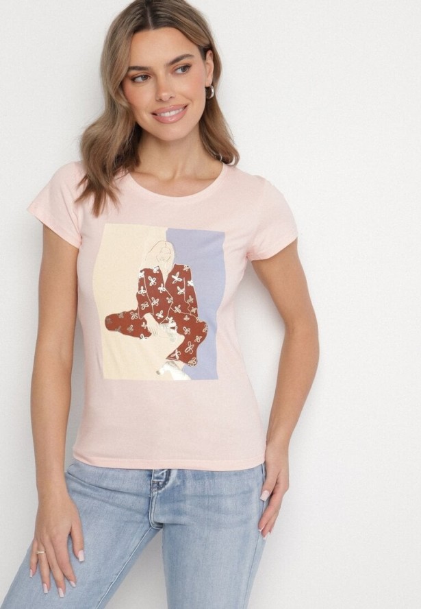 Jasnoróżowy Bawełniany T-shirt z Ozdobnym Nadrukiem Setonisea