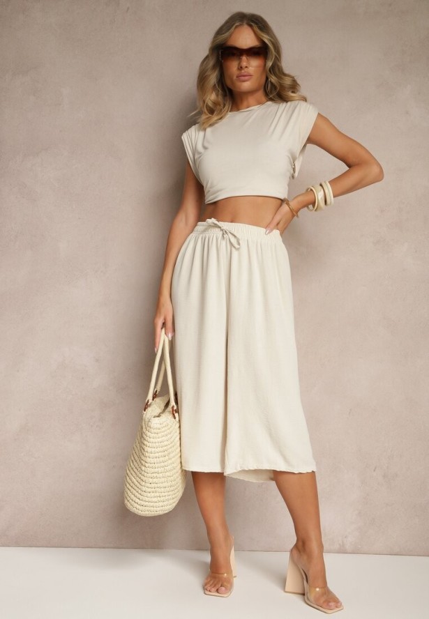 Beżowe Spodnie Kuloty z Bawełną High Waist Azetia