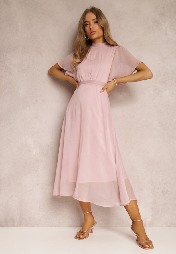 Różowa Rozkloszowana Sukienka z Odkrytymi Plecami i Wiązaniem Syrissis