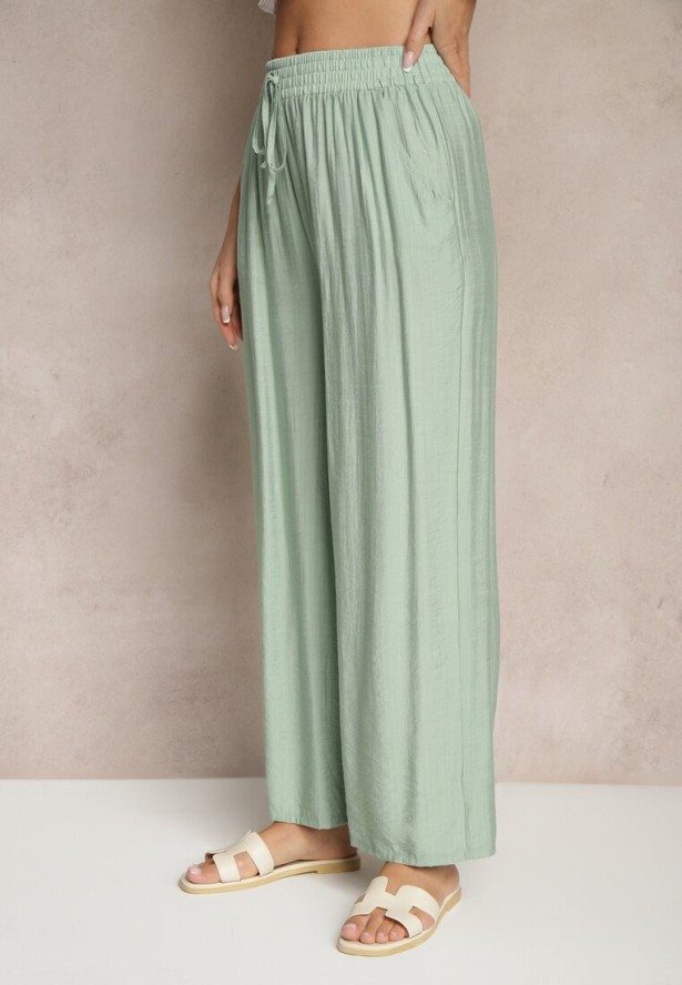 Miętowe Spodnie Typu Palazzo o Szerokim Kroju High Waist Ozdobione Wiązaniem Yaslevia