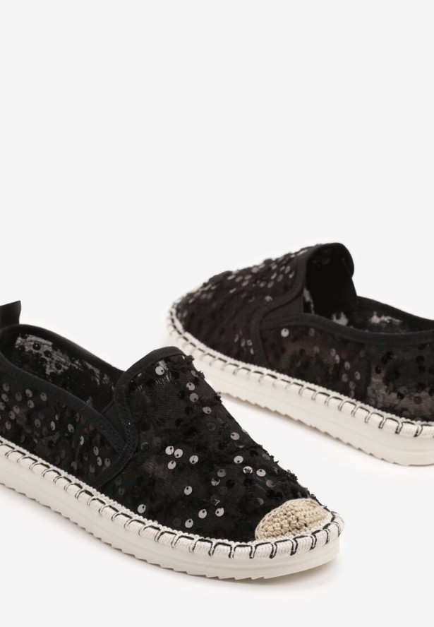 Czarne Siateczkowe Espadryle z Cekinowym Zdobieniem Vivianoria